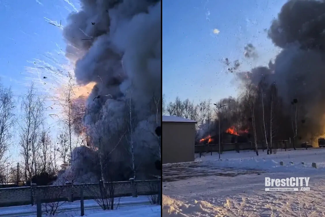 Крупный пожар со взрывами в Бресте — вероятно, горит склад пиротехники